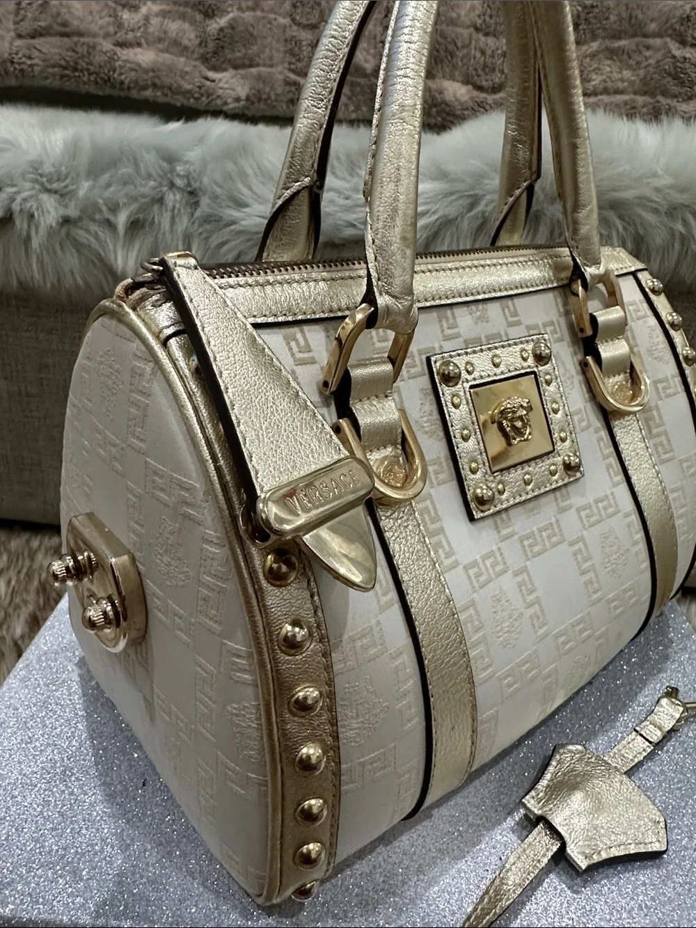 VERSACE Gold and Cream Logo Medusa & Greek key chain Satchel Handbag w/ lock-key